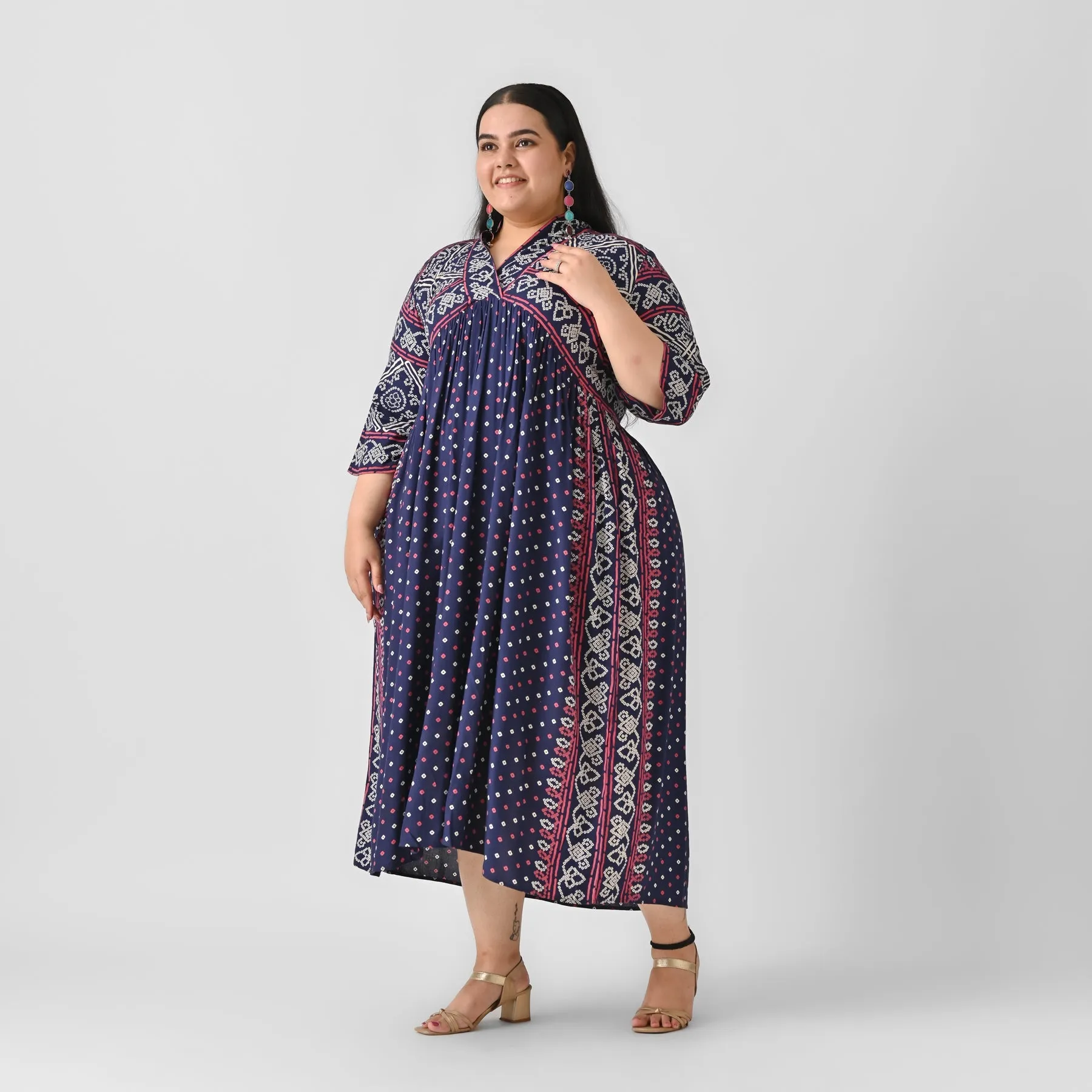 Indigo Rayon Bandhani V-Neck Gathered Maxi Dress (Plus)