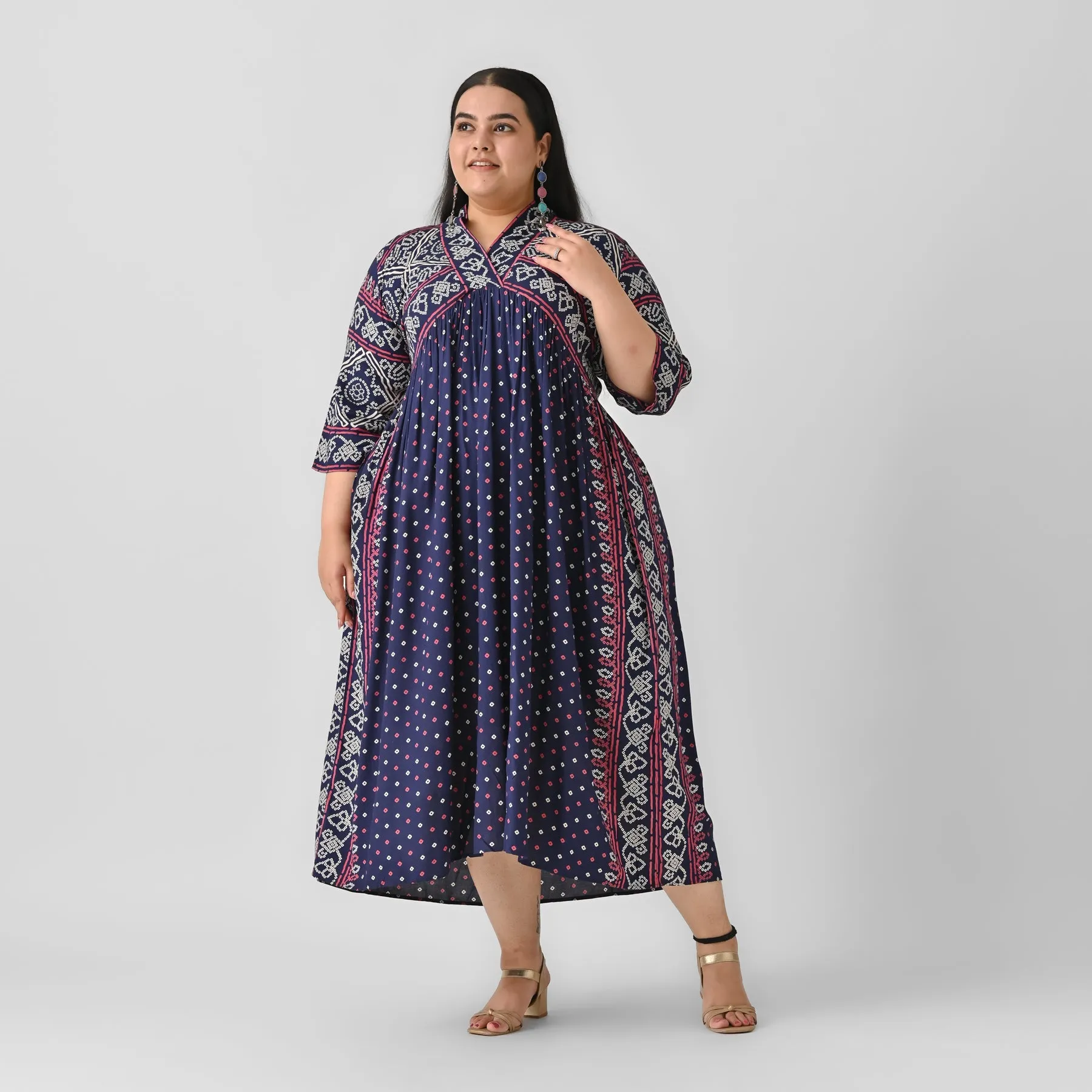 Indigo Rayon Bandhani V-Neck Gathered Maxi Dress (Plus)