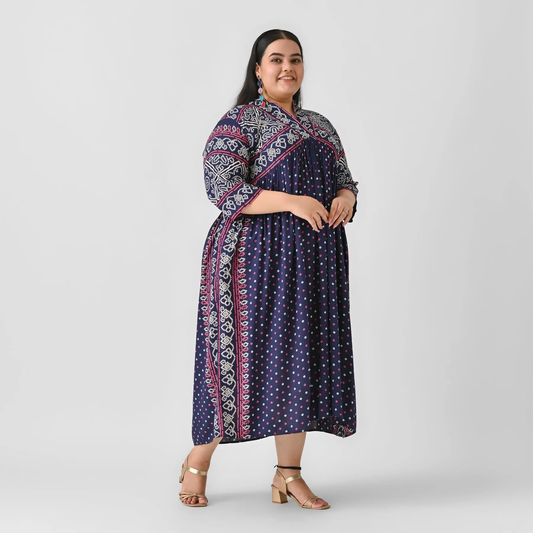 Indigo Rayon Bandhani V-Neck Gathered Maxi Dress (Plus)