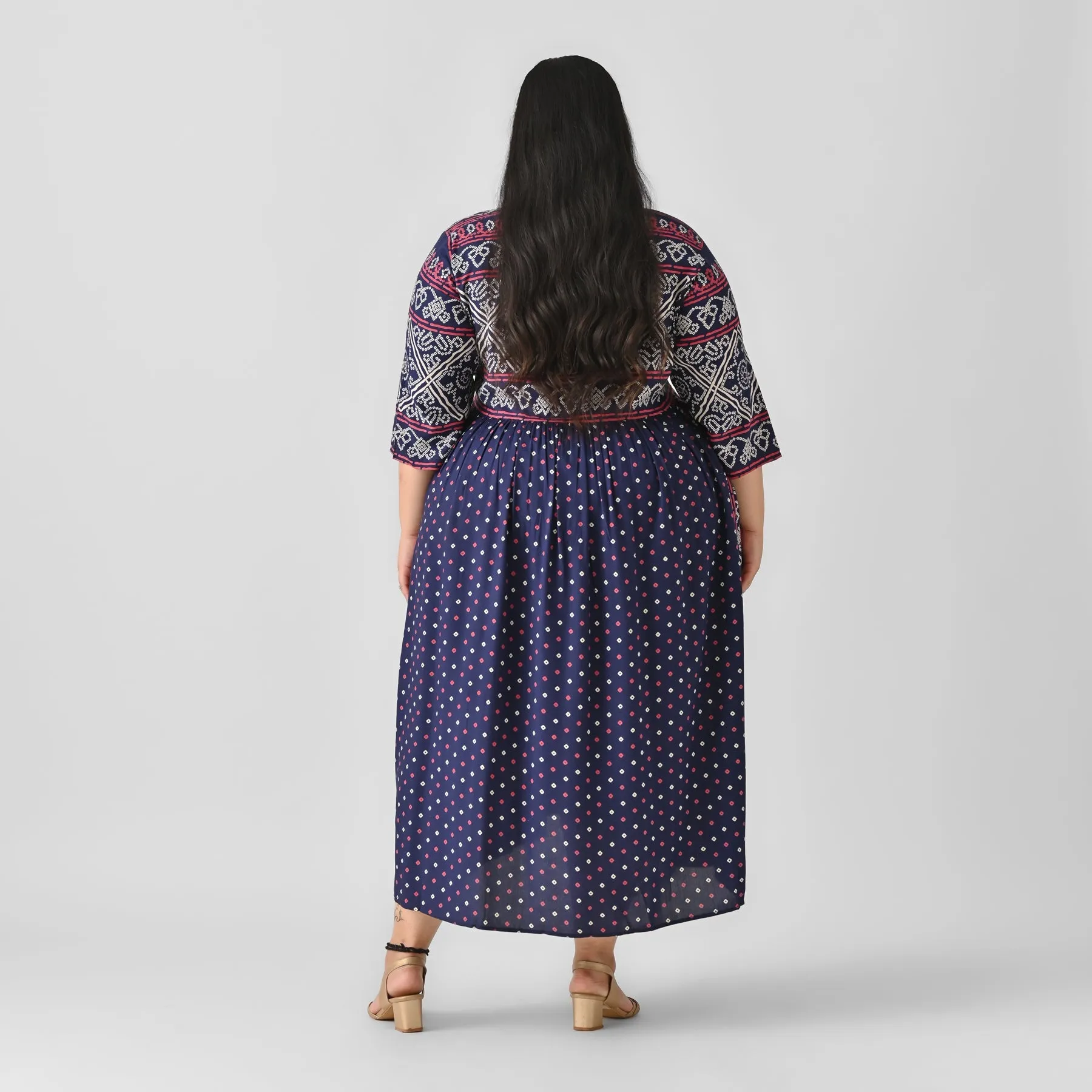 Indigo Rayon Bandhani V-Neck Gathered Maxi Dress (Plus)