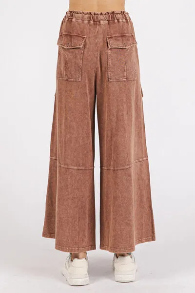 Mineral Wash French Terry Cargo Wide Leg Pants – Relaxed Fit with Utility Pockets