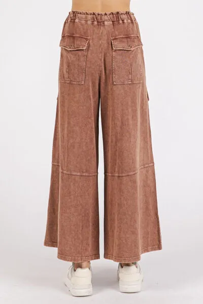 Mineral Wash French Terry Cargo Wide Leg Pants – Relaxed Fit with Utility Pockets