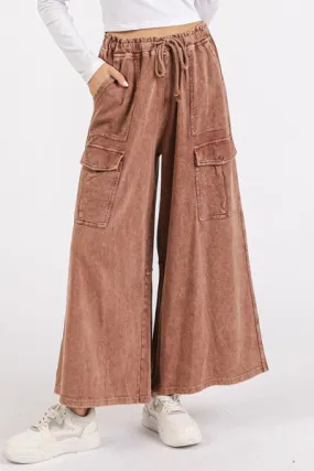 Mineral Wash French Terry Cargo Wide Leg Pants – Relaxed Fit with Utility Pockets